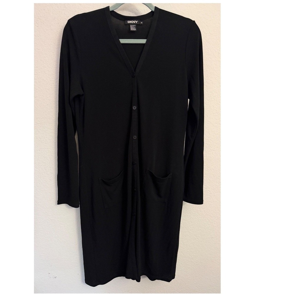 DKNY Donna Karen NY Black V-Neck Button Front Tunic Cardigan Midi Long Sleeve M